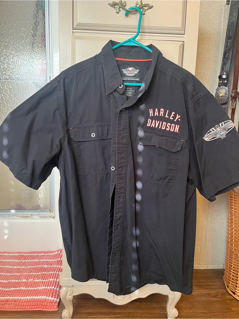 Harley-Davidson Black Short-Sleeve Button-Down Shirt with Orange Trim
